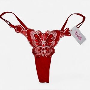 NEW Sheer Mesh Embroidered Red Butterfly Thong - Medium